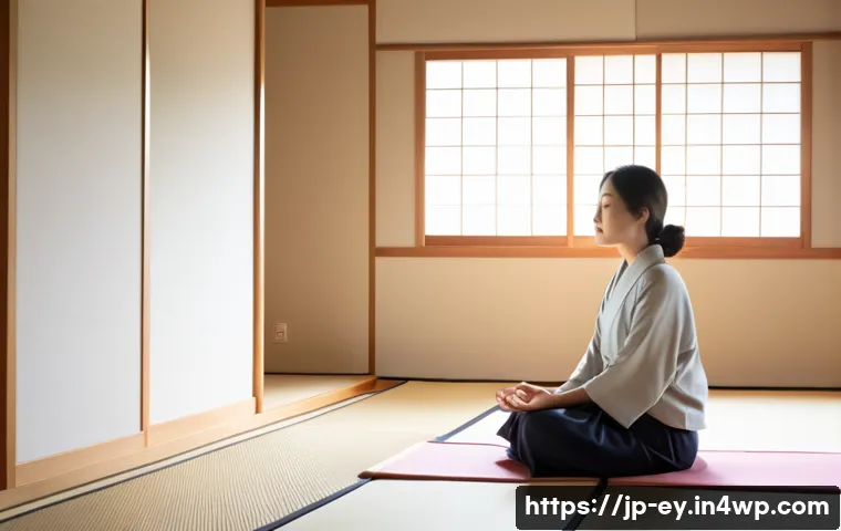 사례 연구  용서를 통한 치유 경험 - A serene Japanese woman in modern casual clothes sitting peacefully in a minimalist tatami room, sun...