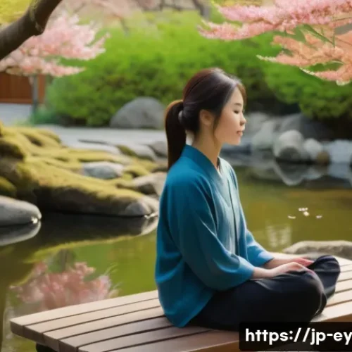 용서 심리학의 최신 동향과 연구 - A serene Japanese garden scene during early spring, featuring a young adult woman sitting peacefully...