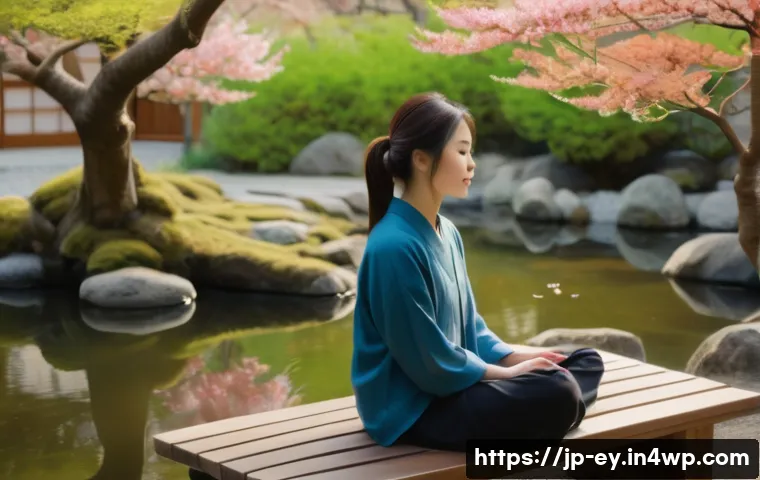 용서 심리학의 최신 동향과 연구 - A serene Japanese garden scene during early spring, featuring a young adult woman sitting peacefully...