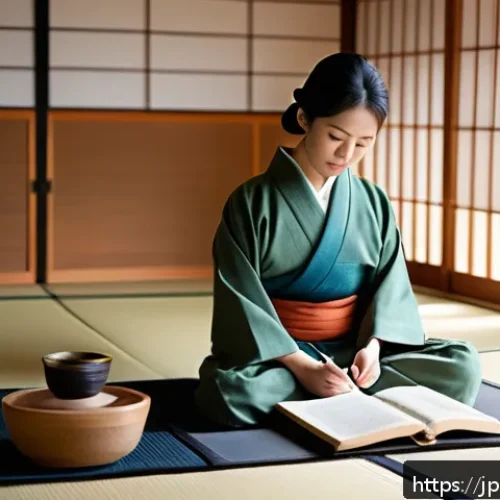 용서 심리학에서의 연구와 결과 - A serene Japanese woman sitting peacefully in a traditional tatami room, softly illuminated by natur...