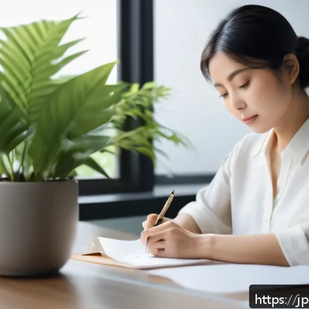 용서의 심리학 이론과 실제 - A serene Japanese woman sitting peacefully in a modern office setting, gently writing her emotions o...