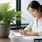 용서의 심리학  이론과 실제 - A serene Japanese woman sitting peacefully in a modern office setting, gently writing her emotions o...