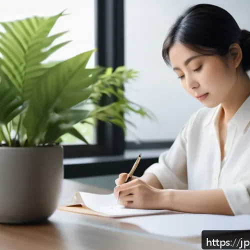 용서의 심리학  이론과 실제 - A serene Japanese woman sitting peacefully in a modern office setting, gently writing her emotions o...