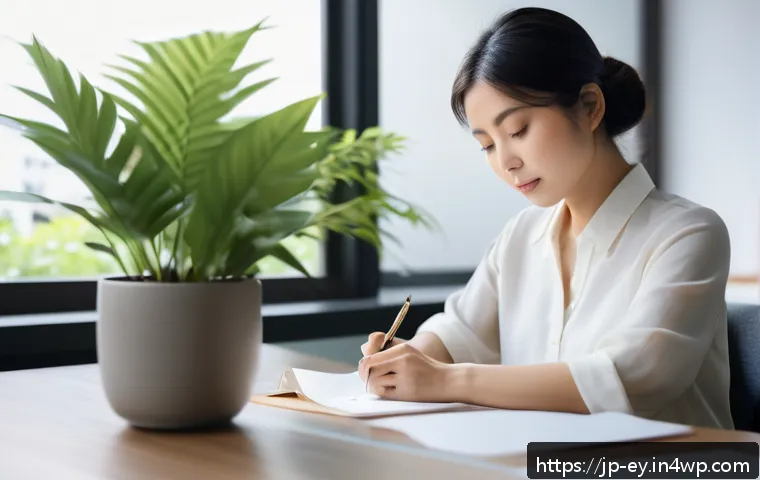 용서의 심리학  이론과 실제 - A serene Japanese woman sitting peacefully in a modern office setting, gently writing her emotions o...