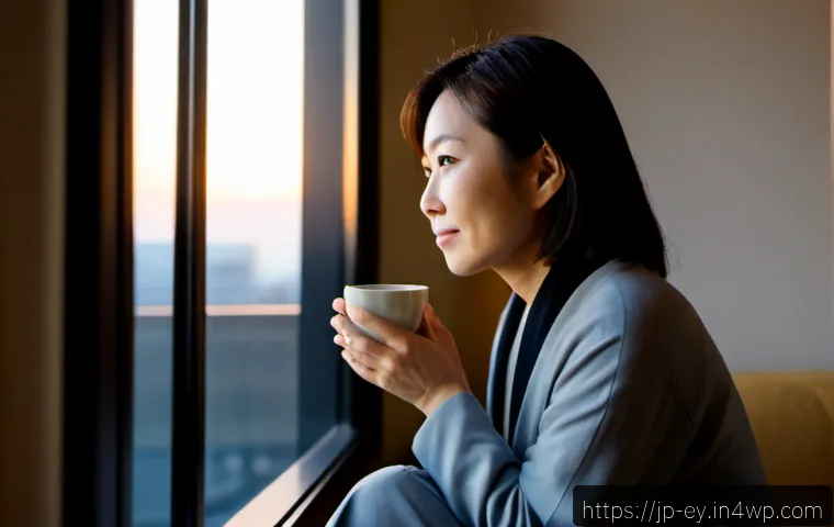 용서의 과정에서의 심리적 도전과 극복 - Photorealistic Japanese woman in her early 40s sitting alone by a large apartment window at dawn, ha...