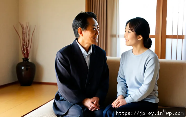 용서 심리학의 실천적 응용과 사례 - Photorealistic Japanese family reconciliation scene in a calm living room, adult daughter and elderl...